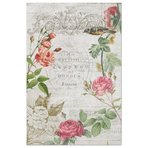 Vintage Pink Rose  Typography Ephemera Decoupage Tissue Paper