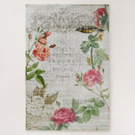 Vintage Pink Rose & Typography Ephemera Jigsaw Puzzle<br><div class="desc">Elegant and romantic vintage pink French roses and bird on grungy ecru parchment background with ornate engraved ornament,  music notation,  hydrangea and typography.</div>