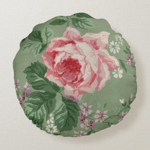 Vintage Pink Rose Wallpaper Round Pillow