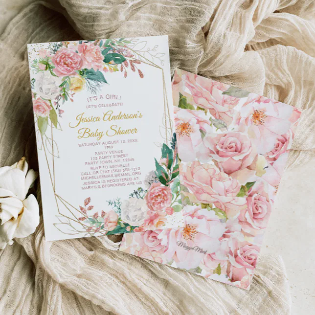Vintage Pink Rose Watercolor Floral Baby Shower Invitation | Zazzle