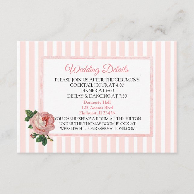 Vintage Pink Rose Wedding Detail Card (Front)