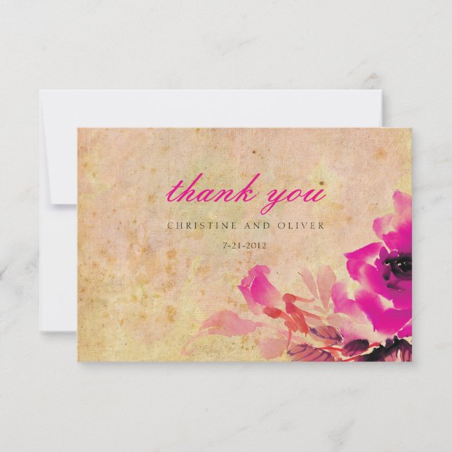 Vintage Pink Rose Wedding Thank You Card (Front)