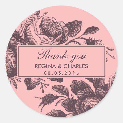 Vintage Pink Rose Wedding Thank You Sticker