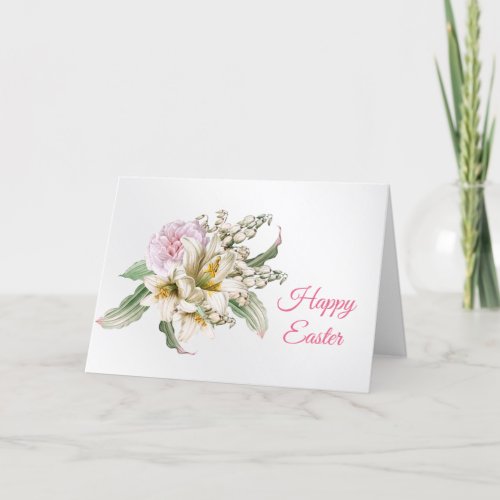 Vintage Pink Rose White Lily Bouquet Easter Holiday Card