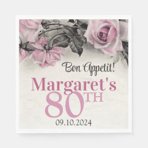 Vintage Pink Roses 80th Birthday Napkins