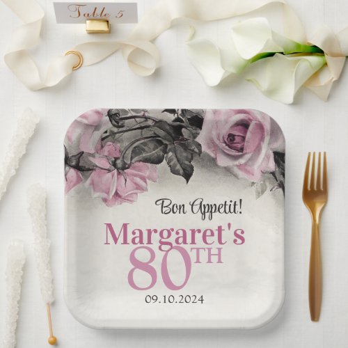 Vintage Pink Roses 80th Birthday Paper Plates