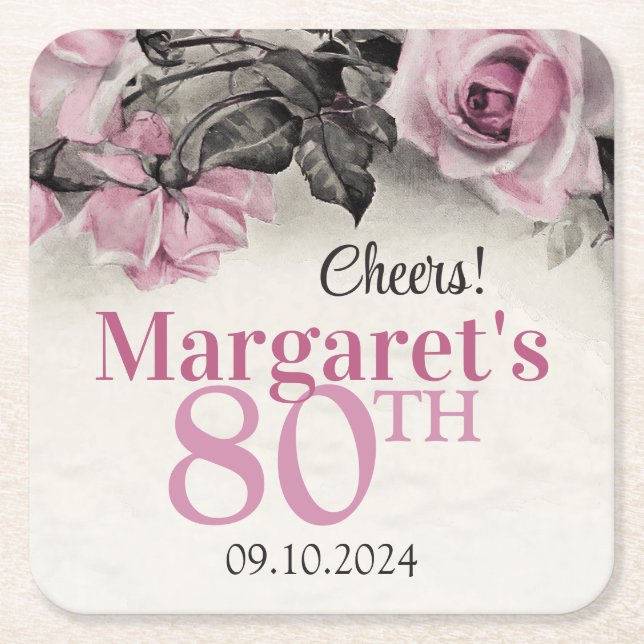 Vintage Pink Roses 80th Birthday Square Paper Coaster (Front)