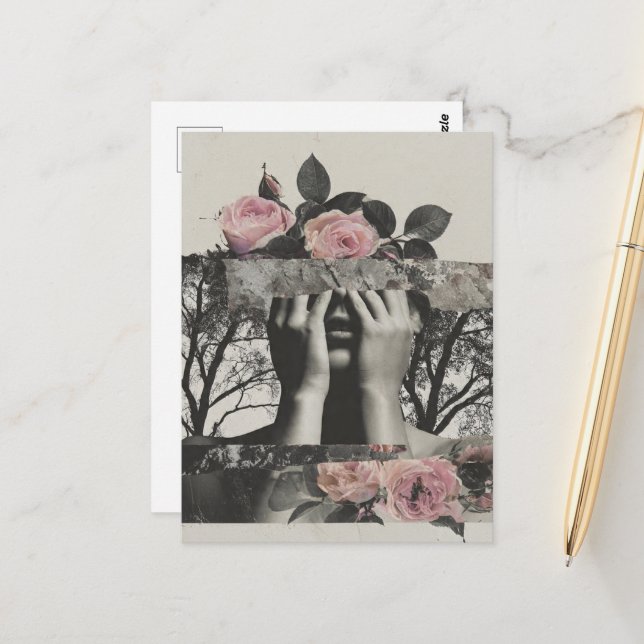 Vintage Pink Roses Abstract Woman Collage Postcard (Front/Back In Situ)