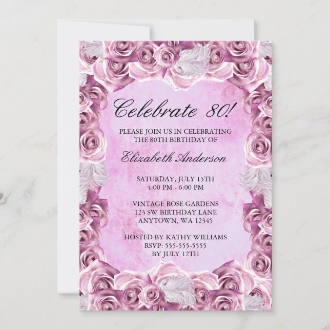 Vintage Pink Roses and Feather 80th Birthday Invitation (Front)