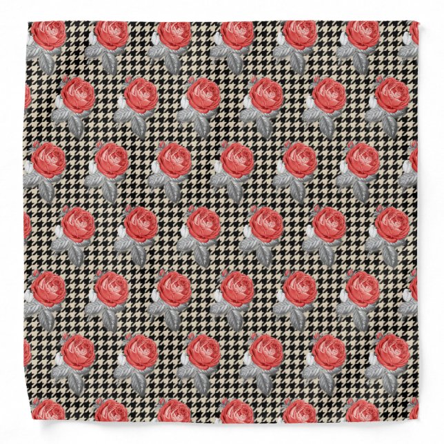 Vintage pink roses and houndstooth pattern bandana (Front)