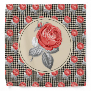 Vintage pink roses and houndstooth pattern bandana