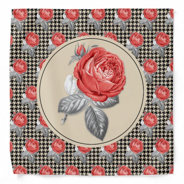 Vintage pink roses and houndstooth pattern bandana (Front)