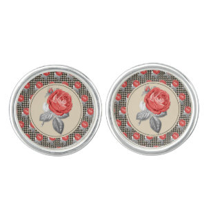 Vintage pink roses and houndstooth pattern cufflinks