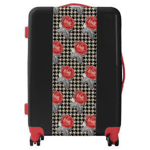 Vintage pink roses and houndstooth pattern luggage