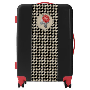 Vintage pink roses and houndstooth pattern luggage