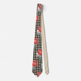 Vintage pink roses and houndstooth pattern neck tie