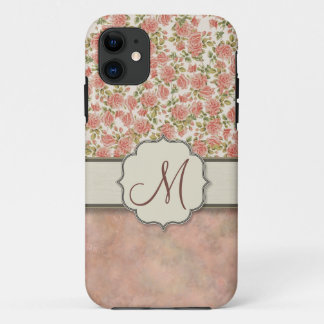 Vintage Pink Roses and Marble with Monogram iPhone 11 Case
