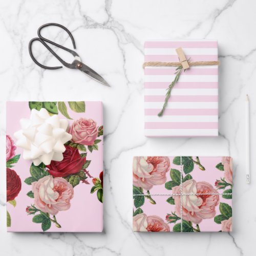 Vintage Pink Roses and Pink Stripes Set of 3 Wrapping Paper Sheets