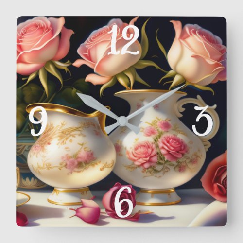 Vintage Pink Roses and Tea Pots  Square Wall Clock