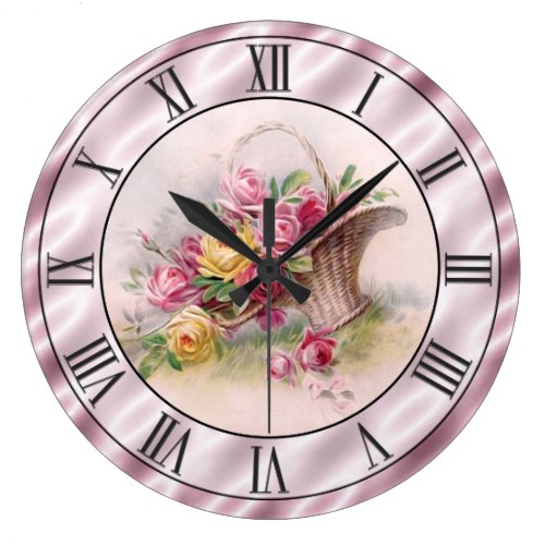 Vintage Pink Roses Basket Mauve Satin Look Border Large Clock