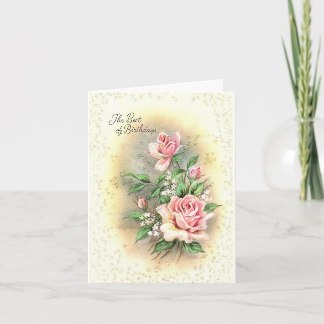 Vintage Pink Roses Birthday Card (Front)