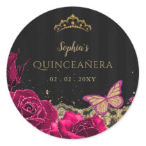 Vintage Pink Roses Black Gold Lace Quinceañera Classic Round Sticker