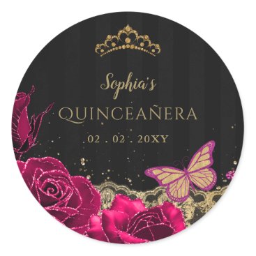 Vintage Pink Roses Black Gold Lace Quinceañera Classic Round Sticker