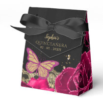Vintage Pink Roses Black Gold Lace Quinceañera Favor Boxes