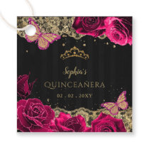 Vintage Pink Roses Black Gold Lace Quinceañera Favor Tags