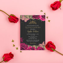 Vintage Pink Roses Black Gold Lace Quinceañera Invitation