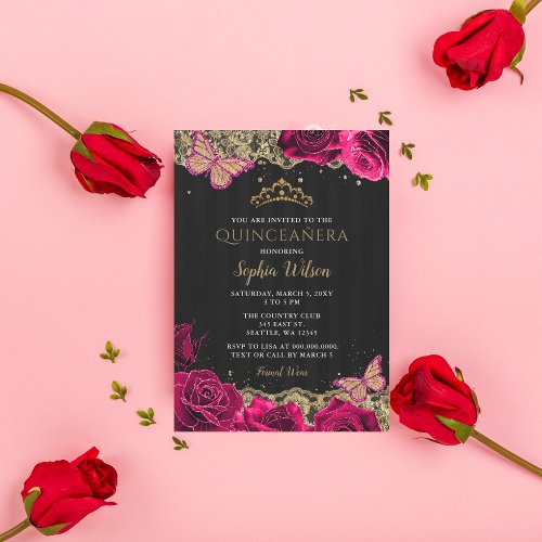 Vintage Pink Roses Black Gold Lace Quinceaera Invitation
