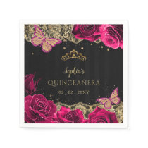 Vintage Pink Roses Black Gold Lace Quinceañera Napkins