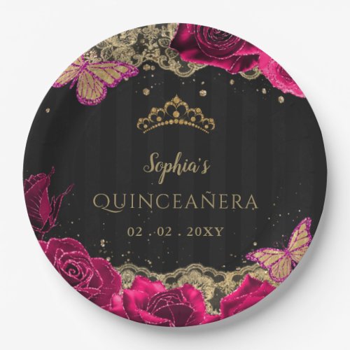 Vintage Pink Roses Black Gold Lace Quinceaera Paper Plates