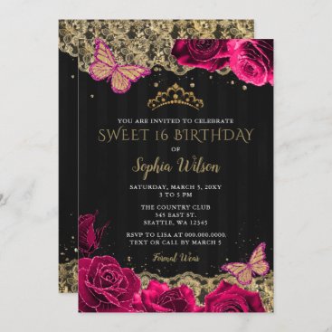 Vintage Pink Roses Black Gold Lace Sweet 16  Invitation