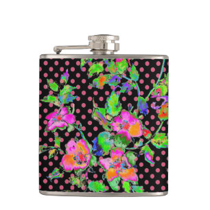 Vintage Pink Roses black/pink polka-dots Hip Flask