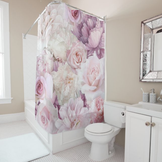  Vintage Pink Roses Botanical Garden Painting Shower Curtain (In Situ)