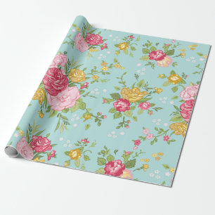 Vintage Pink Roses Bouquet Floral Pattern Teal Wrapping Paper
