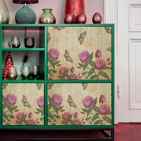 Vintage Pink Roses & Butterflies On Wood Decoupage