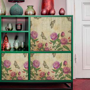 Vintage Pink Roses & Butterflies On Wood Decoupage Tissue Paper