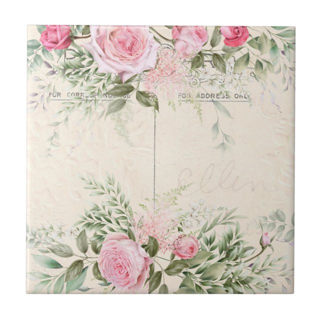 Vintage Pink Roses Ceramic Tile (Front)