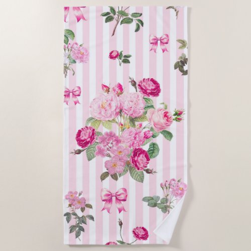 Vintage Pink Roses Coquette Bow  Stripes    Beach Towel