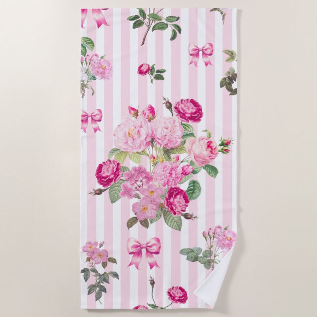 Vintage Pink Roses Coquette Bow  Stripes    Beach Towel (Front)