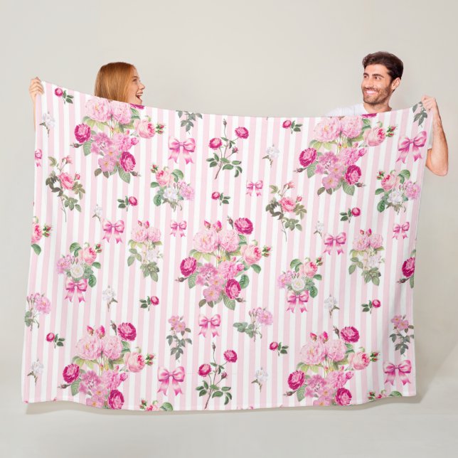 Vintage Pink Roses Coquette Bow  Stripes    Fleece Blanket (In Situ)