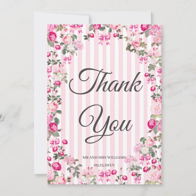 Vintage Pink Roses Coquette Bow Stripes Invitation (Front)