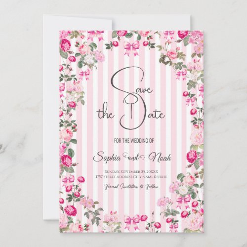 Vintage Pink Roses Coquette Bow Stripes Invitation