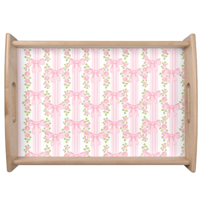 Vintage Pink Roses Coquette Bow Stripes  Serving Tray (Front)