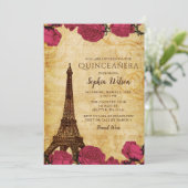 Vintage Pink Roses Eiffel Tower Quinceañera   Invitation (Standing Front)