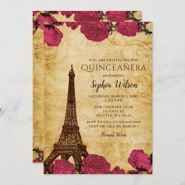 Vintage Pink Roses Eiffel Tower Quinceañera   Invitation (Front/Back)