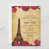 Vintage Pink Roses Eiffel Tower Quinceañera   Invitation (Front)