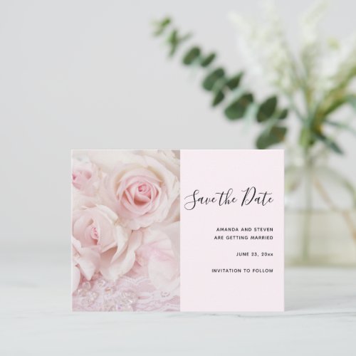 Vintage Pink Roses  Elegant Lace _ Save the Date Invitation Postcard